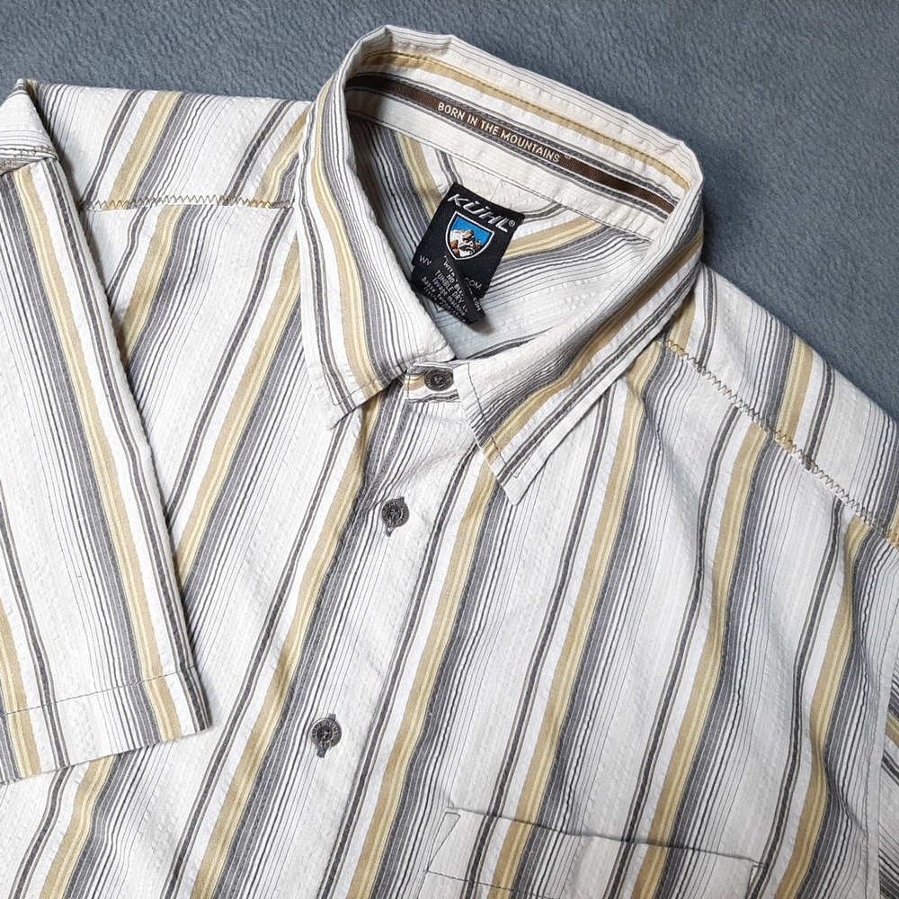 Kuhl Shirt Mens Medium White Yellow Vertical Striped Hiking Button Up KÜHL
